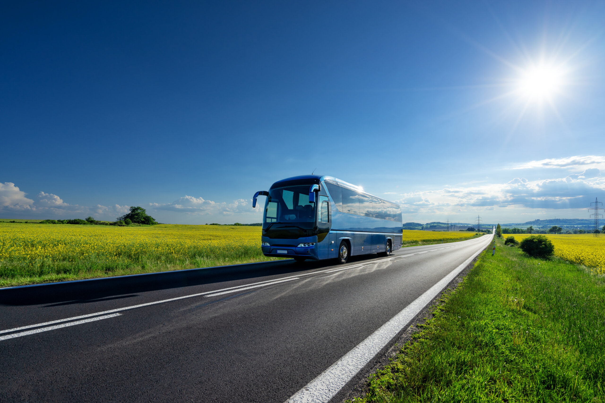 Blue,Bus,Driving,On,The,Asphalt,Road,Between,The,Yellow